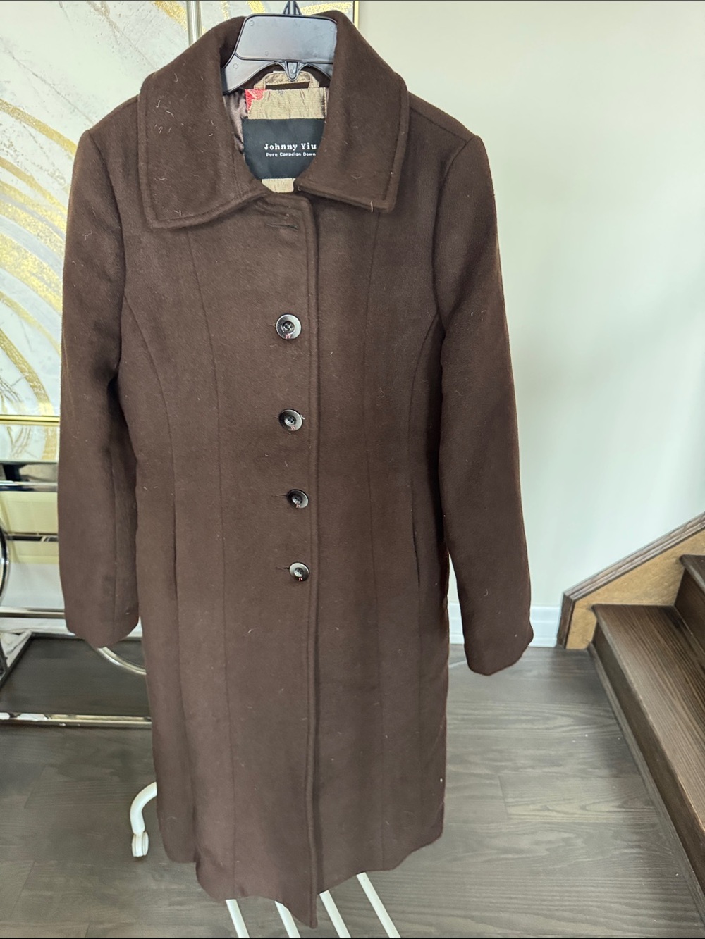 Johnny Yiu Long Brown Button-Front Wool Coat With Down Filling